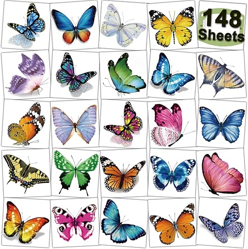 148 hojas individuales de tatuajes temporales de mariposa para niñas y mujeres, tatuajes de mariposa realistas 3D para niños, regalos de fiesta de