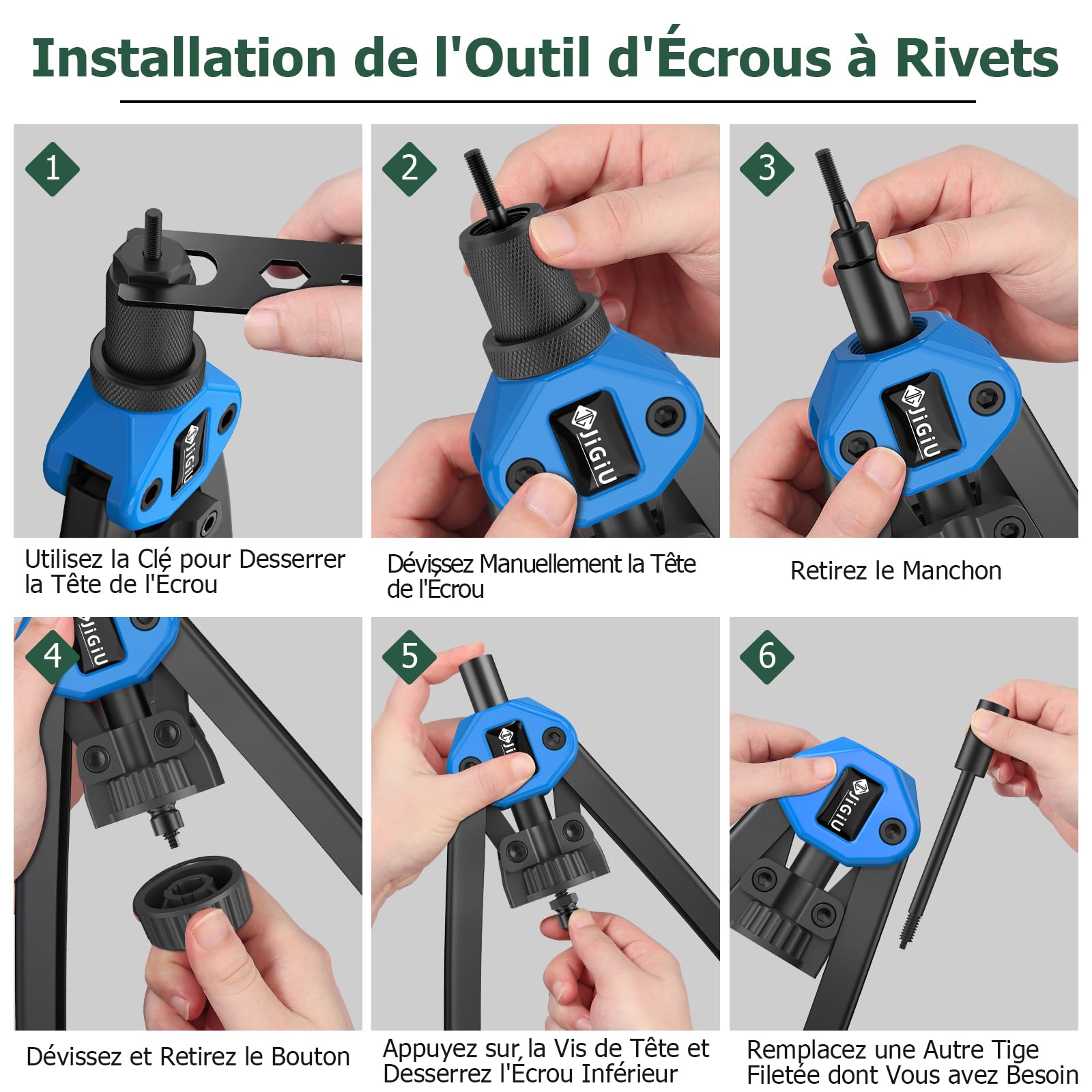 JiGiU 2 EN 1 Riveteuse Manuelle et Pince à Insert Fileté Professionnel Bleu | Pistolet à Écrou avec 110 Écrous, 7 Mandrins M3 à M12, Pince à Rivets avec 50 Rivets, 5 Embouts 2.4 à 6.4mm, pour Bricolage