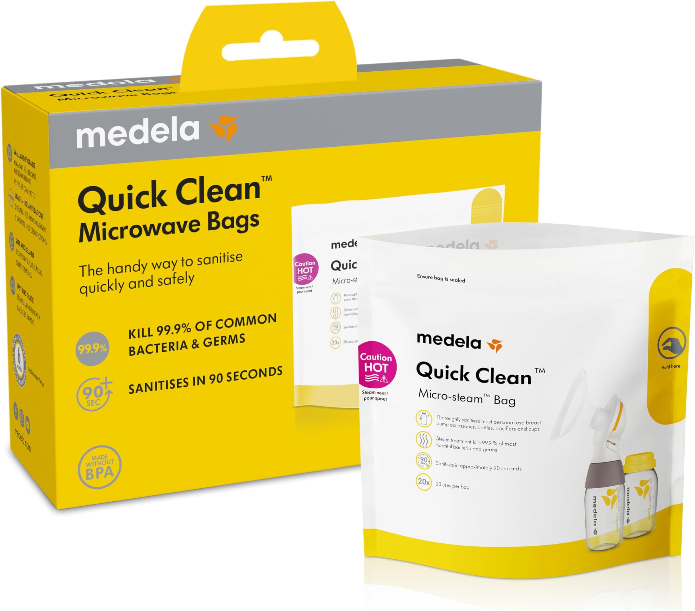 Medela Quick Clean Microwave Bags - Fast and convenient cleaning of breast pump parts or accessories, reusable, pack of 5
