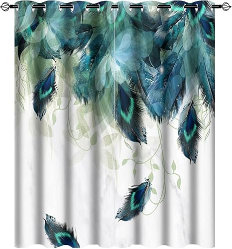 Cortinas modernas de plumas de pavo real, diseño de mármol de plumas de pavo real, color azul y verde, tratamiento de ventana, cortinas opacas con