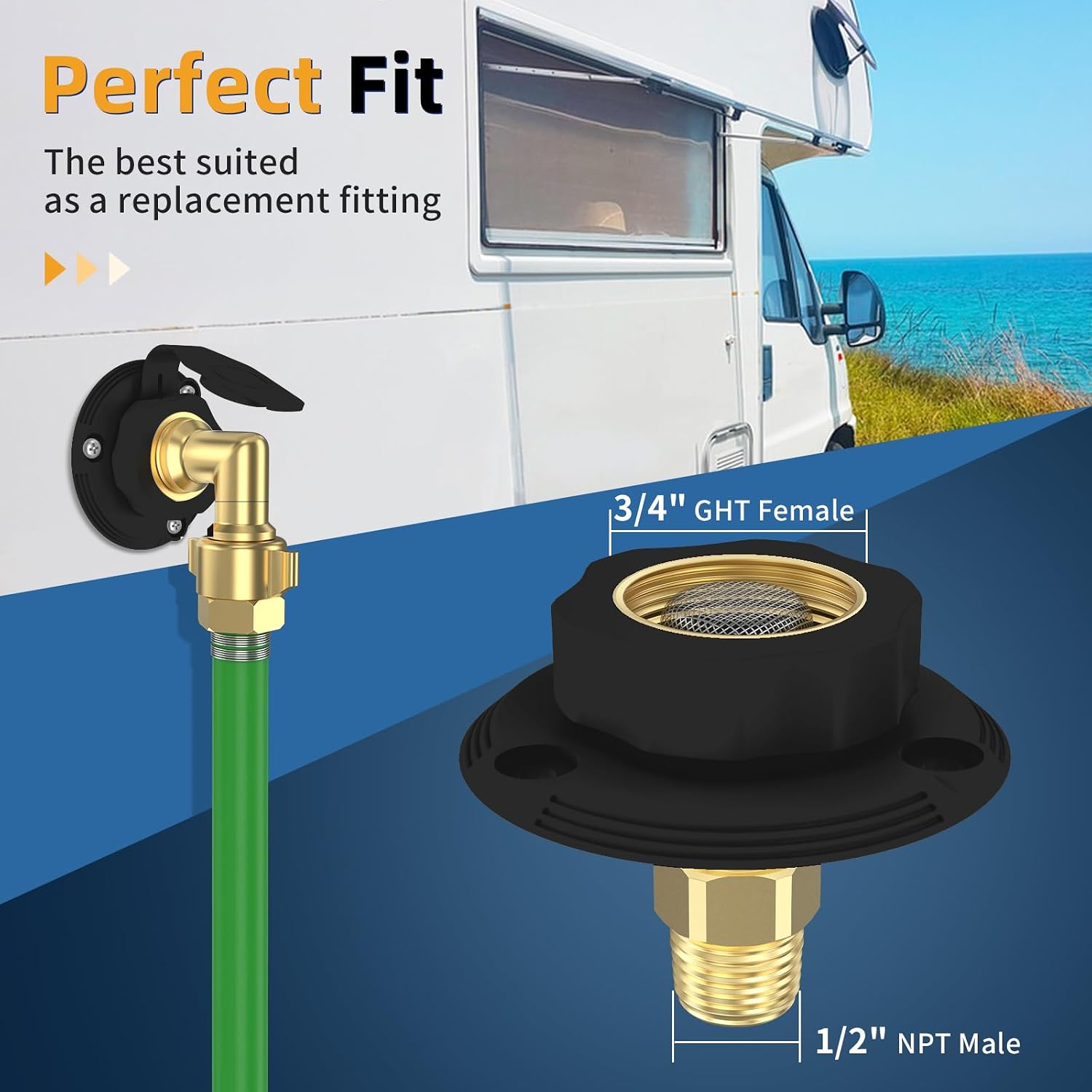 RV Water Inlet Replacement City Water Fill Inlet with Check Valve Brass Elbow Connection Hose Connector Hookup for Camper (Black)