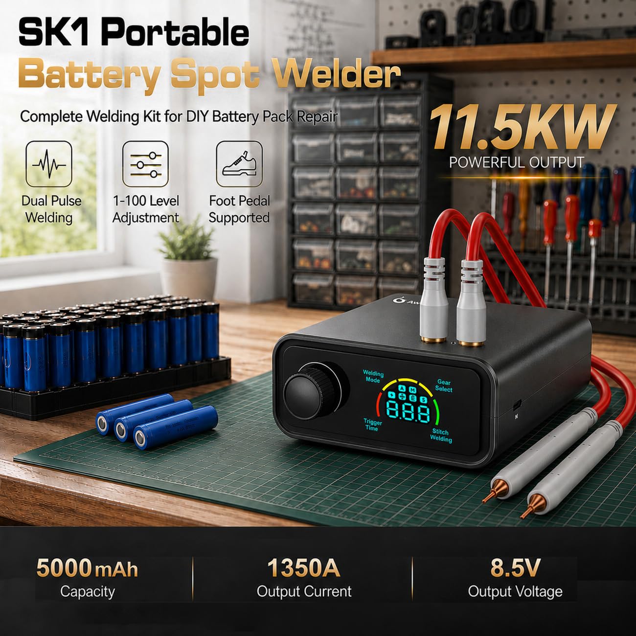 Saldatrice a punti con batteria da 11500 W, 0,1-0,3 mm, portatile, con manopola rotante, 100 marce, modalità auto/pedale, doppio impulso, per riparazione e saldatura di batterie al litio