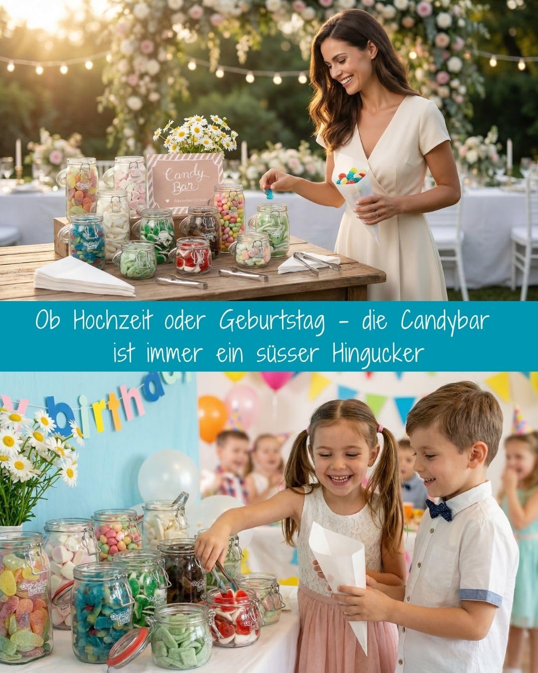 Der Zuckerbäcker Fertige Candy-Bar, Gläser gefüllt mit Süßigkeiten - Candybar Zubehör Set inklusive, Candy Bar Süssigkeiten für Hochzeit, Geburtstag