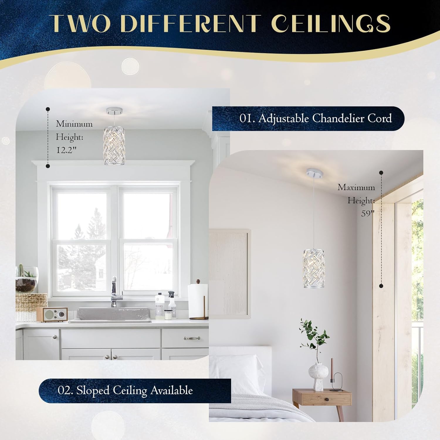 Modern Chrome Crystal Pendant Light Fixture – Adjustable Mini Chandelier Hanging Light for Kitchen Island, Dining Room, Bedroom, Hallway, or Foyer