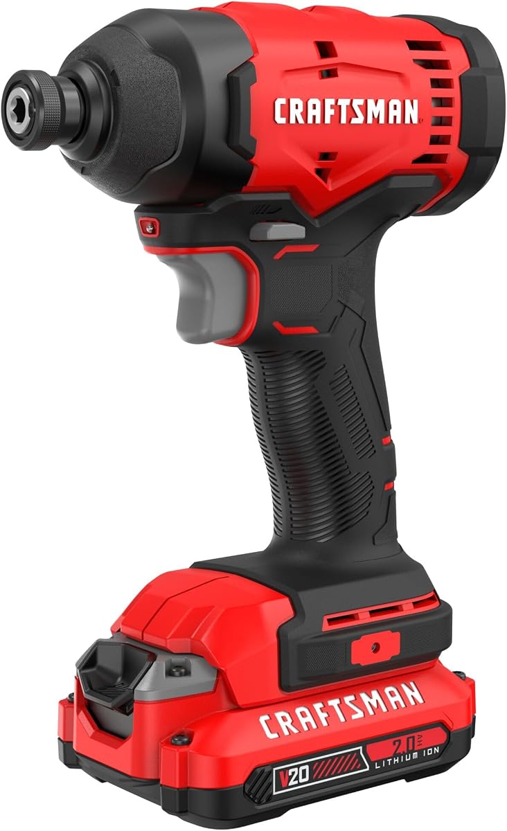 CRAFTSMAN Atornillador de impacto inalámbrico 1/4 con batería de iones de litio de 2 Ah, cargador y punta de destornillador PH2, luz LED, alto par, velocidad variable, 2900 RPM (CMCF801D1)