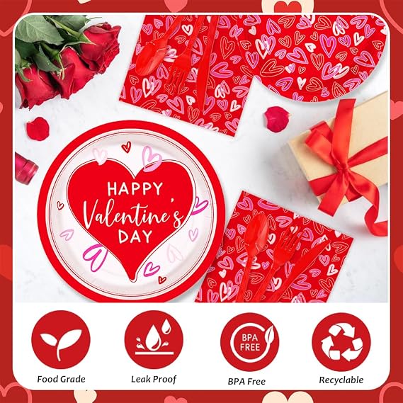 AIBIIN Happy Valentine's Day Party Supplies, Red Heart Love Disposable Paper Plates Napkins Cups plastic Tablecloth for Valentine's Day, Engagements, Anniversary, Party Serve 24