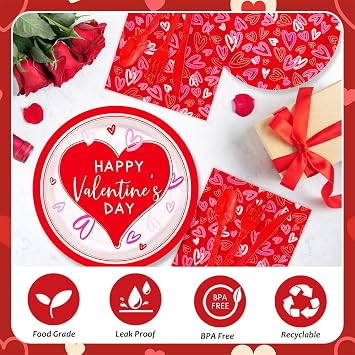 AIBIIN Happy Valentine's Day Party Supplies, Red Heart Love Disposable Paper Plates Napkins Cups plastic Tablecloth for Valentine's Day, Engagements, Anniversary, Party Serve 24