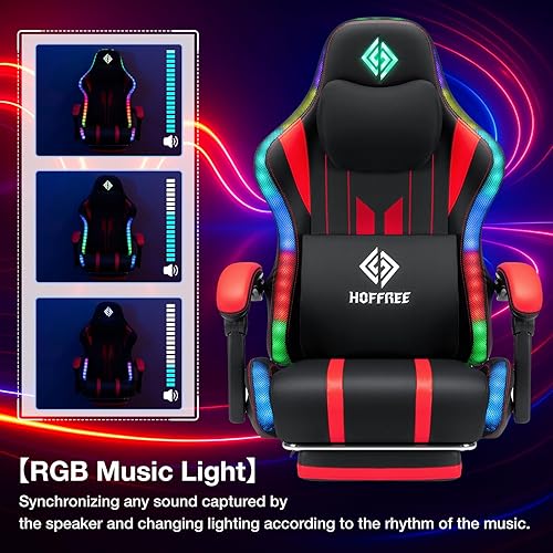 Miniatura 3 de HOFFREE Silla de juegos con ritmo de música, luces LED RGB y altavoces Bluetooth, silla ergonómica de masaje para computadora con reposapiés, silla