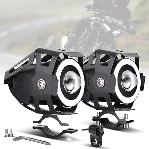Motorcycle LED Fog Lights with Cutoff Line U9 Spotlight with High Low Strobe Beam Halo Rings White Central with U9 LED Running DRL Switches Clamps Universal Spotlights Driving Lights 2 Packs