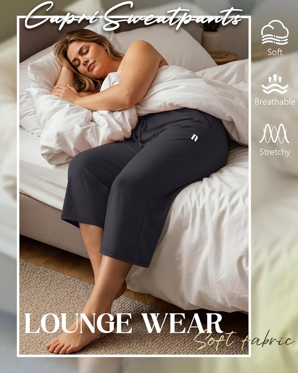 Neer 3 Pack Women's Plus Size Capris,Wide Leg Loose Pants Casual Drawstring Capri Sweatpants Drawstring Pants with Pockets - Image 2