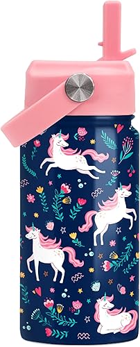 Miniatura 13 de SANDJEST Botella de agua para niños con tapa con pajilla, paquete de 2 botellas de agua aisladas de acero inoxidable de 12 onzas para niñas, taza de