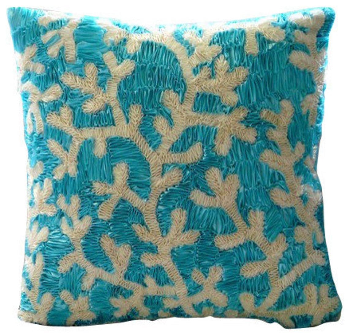 The HomeCentric Blue Cushion Cover, Corals Ribbon Beach and Ocean Theme Silk Pillowcase, Cushion Covers Pack of 2, 50x50 cm (20"x20"), Floral Mediterranean Square Throw Pillow - Aqua Ornate