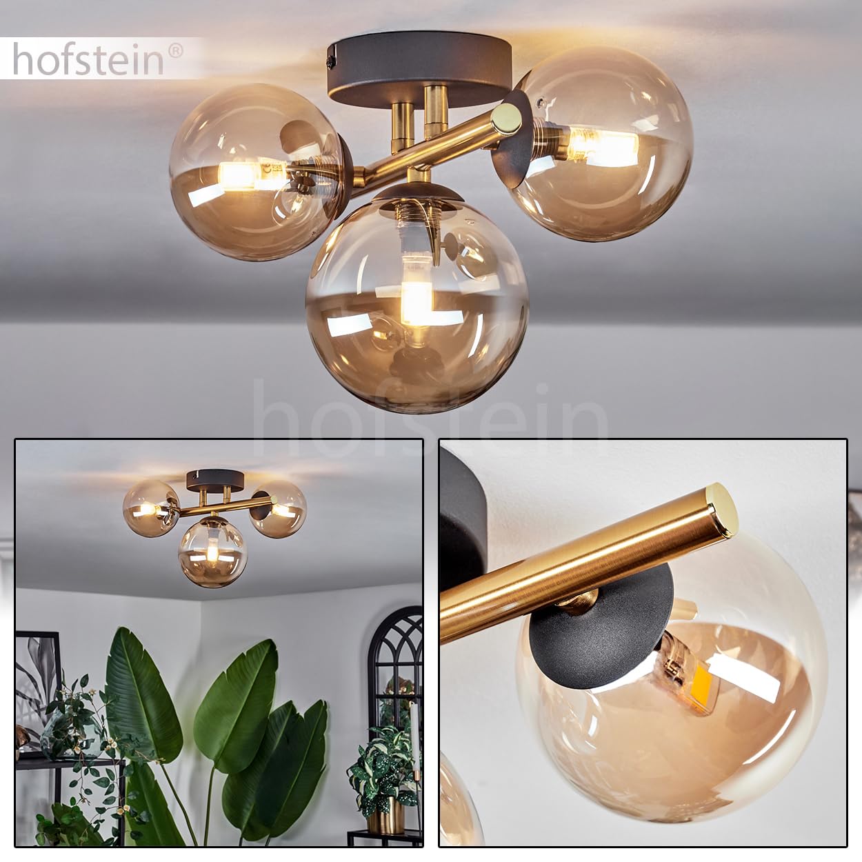 Lampada da soffitto Chehalis, lampada da soffitto in metallo/vetro nero/oro/ambra, design retrò/vintage con ombrelli in vetro (Ø 10 e 12 cm), 3 LED G9, senza lampadina