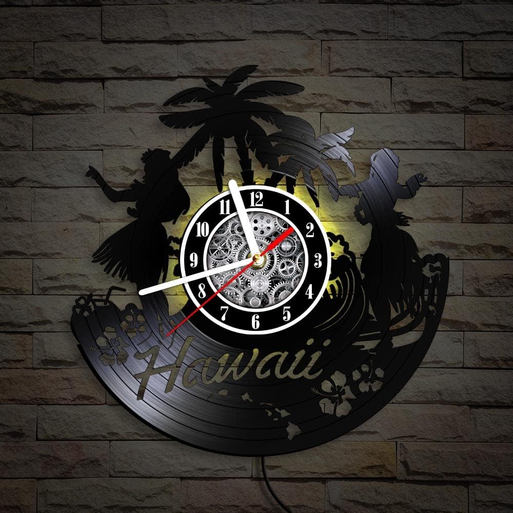 The Geeky Days Hawaii Sun Summer Holiday LED Vinyl Record Wall Clock 7 Color Light, Silent Quartz 12inch Vacations Fun Vintage Carved Ablum Longplay Hanging Watch Living Room Decor