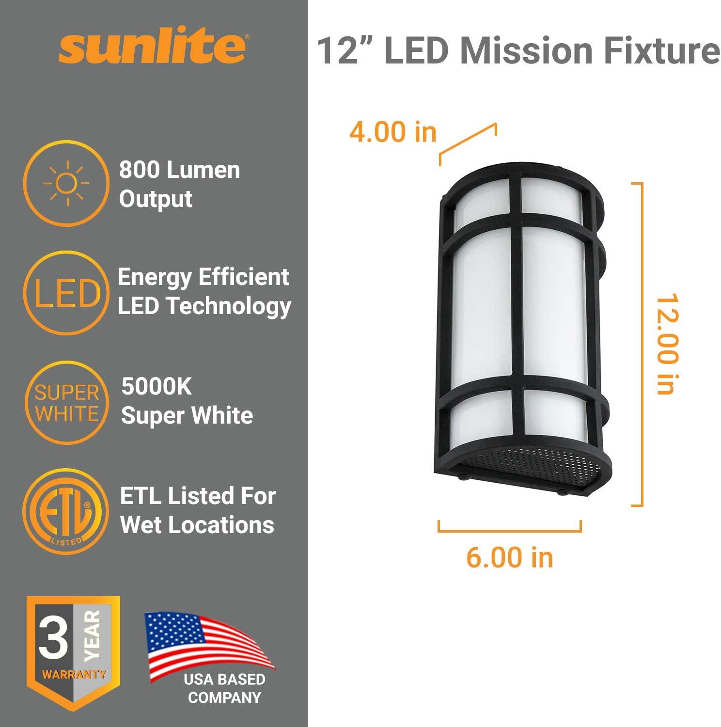Flash Deals - 70% OFF Sunlite 81141-SU LED Mission Style Wall Sconce 15 Watts, 800 Lumens, Outdoor Use, Black Finish, 12 Inch, 50K-Super White