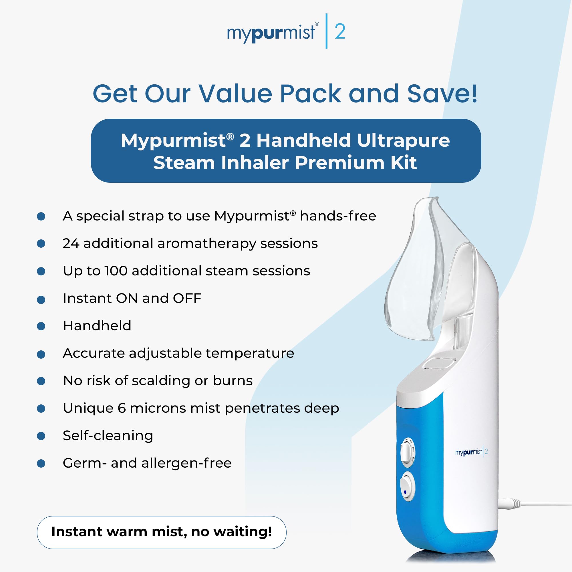 Mypurmist Premium Vorteilspackung – Handheld Ultrapure Instant Steam Inhalator – Schnelle Allergie Nase Verstopfung Erkältung Husten Sinus Linderung – Verdampfer Luftbefeuchter Dampfgarer, Stimmpflege