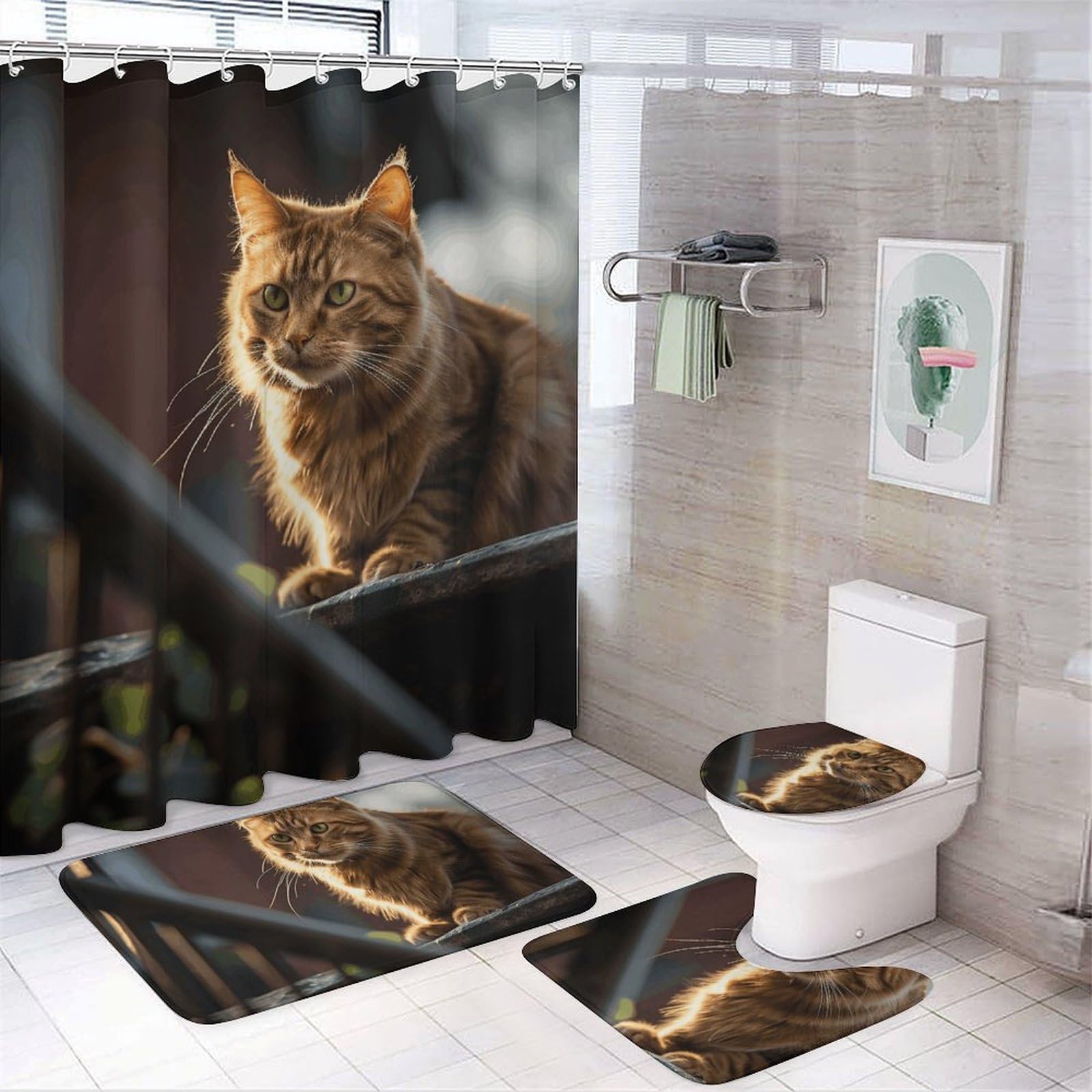 Ensemble de salle de bain motif chat tapis et housse de toilette