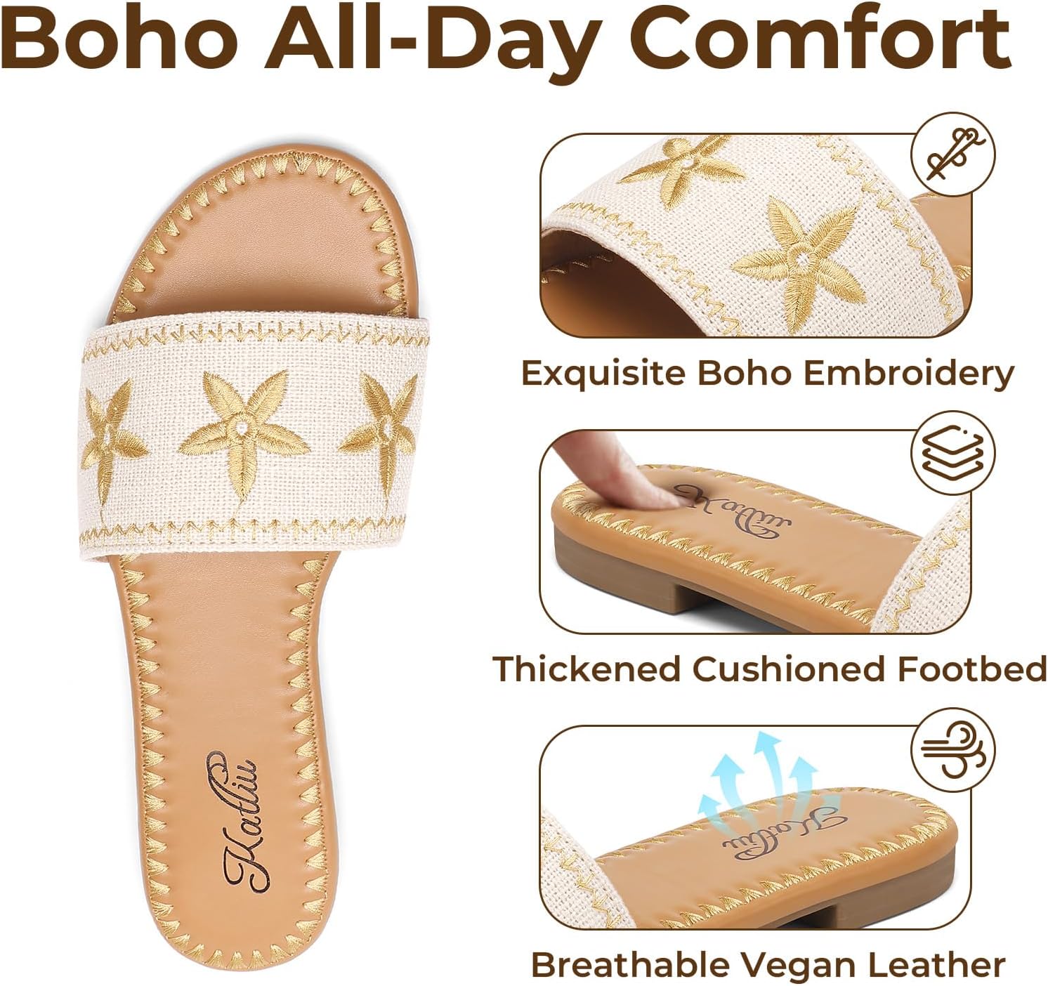 katliu Women's Flat Sandals, Boho Embroidery Floral Sandals, Vacation Slide Sandals - Image 5