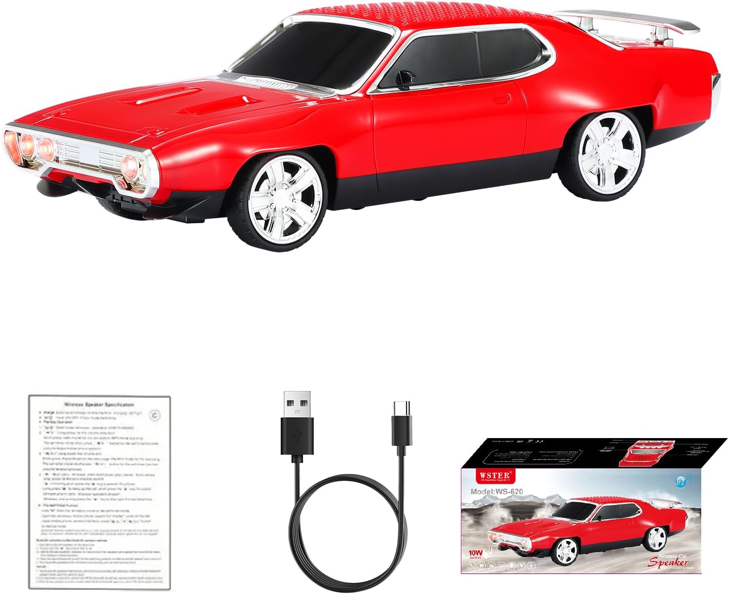WS-620 Classic Muscle Car Bluetooth Replica Speaker – Portable Wireless with HD Sound, TWS Stereo Pairing, LED Party Light, USB/TF/FM Support, Built-in Mic, Home Audio Cars Speaker Gift (Red)