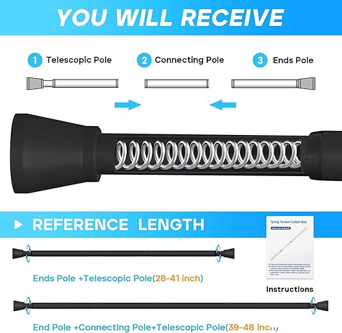 Miniatura 2 de Barra de cortina de tensión para ventanas de 28 a 48 pulgadas, barras de cortina con resorte, barra de tensión negra, sin perforación, barra de