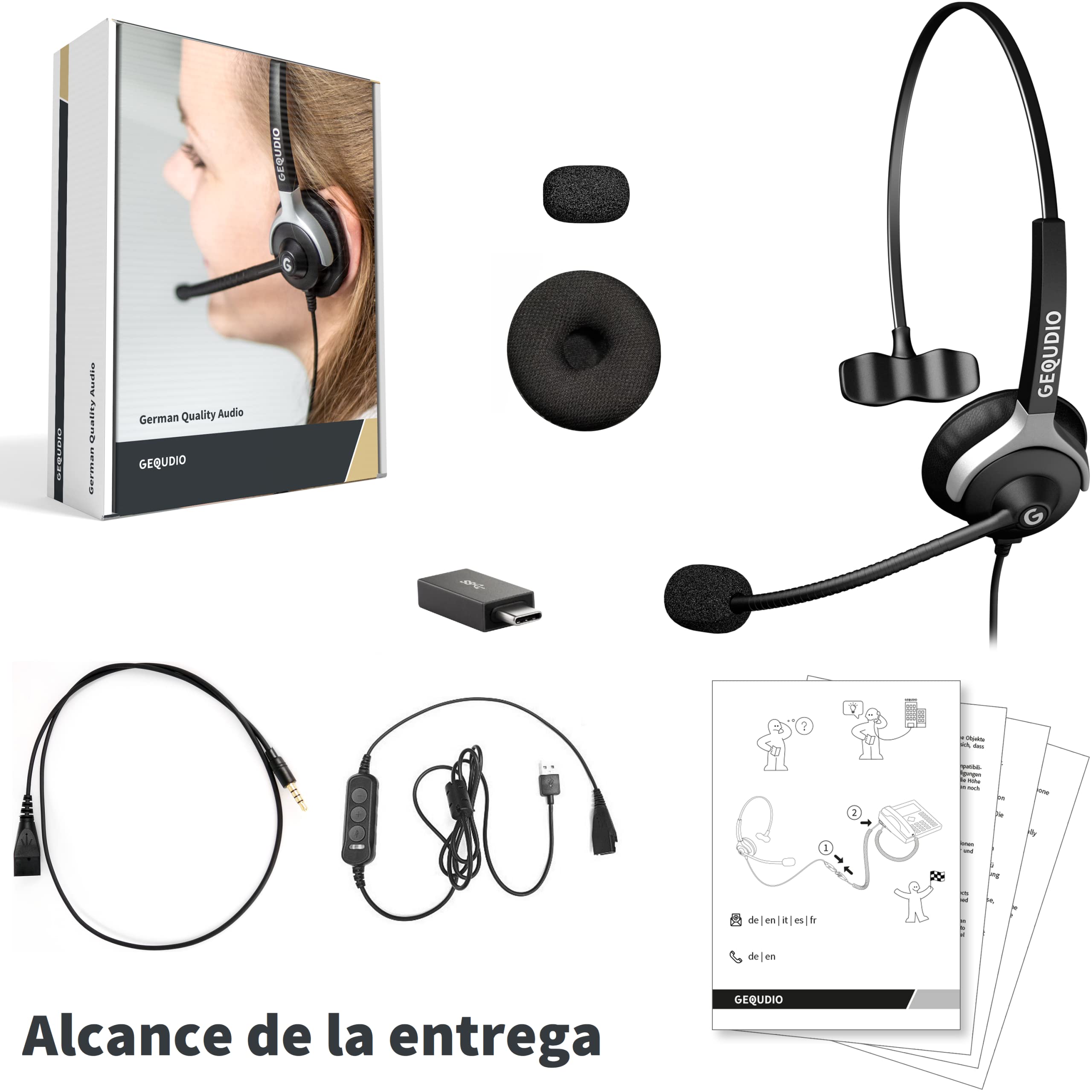GEQUDIO Auriculares con conexión USB-A, USB-C y Jack de 3,5 mm adecuados para PC y Mac - Almohadillas de Repuesto para Auriculares - Cable reemplazable - la luz 60g (1 Altavoz)