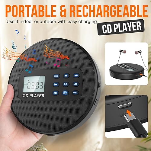 Miniatura 2 de KUEPHOM Reproductor de CD portátil para coche Reproductor de CD Walkman recargable con altavoces estéreo y protección anti-saltos Reproductor de CD