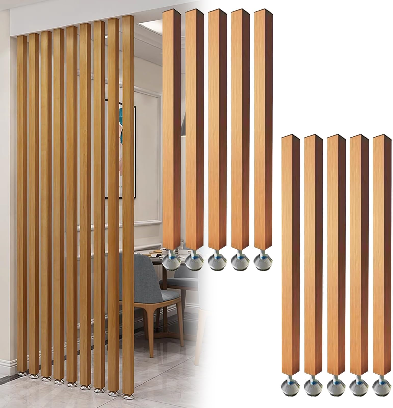 10 Pack Adjustable Wooden Slats Room Divider 810 Ft Tall Partition Screen for Beauty Salon Dining Room Home OfficeVersatile Wood Column with Feet