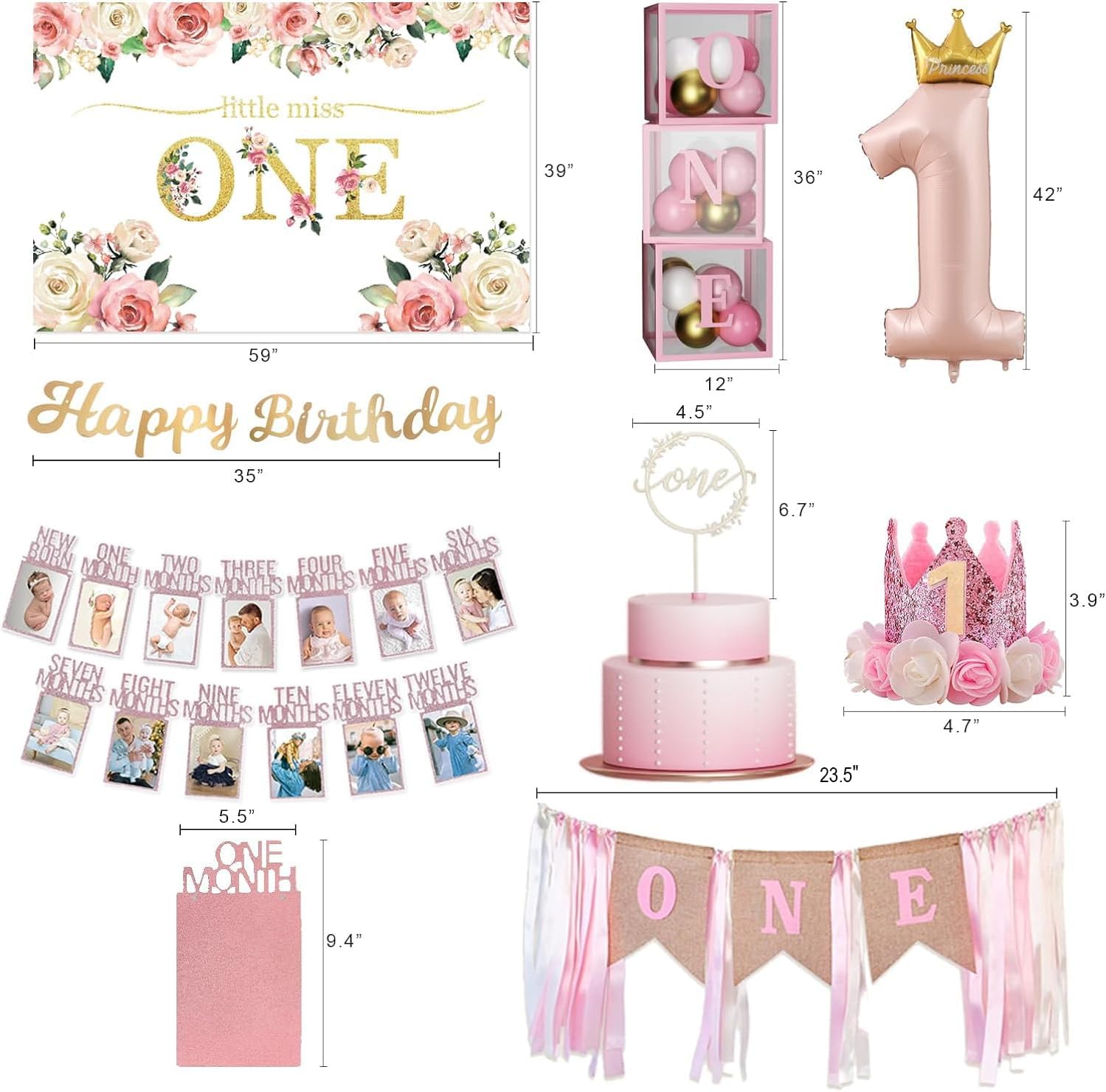 Baby Girl 1st Birthday Decorations , Baby First Birthday Supplies for Girl,Including Balloon Boxes, Pink Gold Balloons Garland Arch Kit，Party Backdrop, High Chair Banner, Crown, Photo Banner