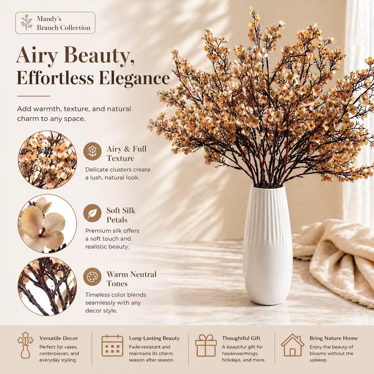 Mandy's 6 Bundles Artificial Light Brown Baby’s Breath Flowers | 18.5 Inch Silk Gypsophila European Style Modern Home Decor Centerpiece Neutral Wedding Flower Arrangements