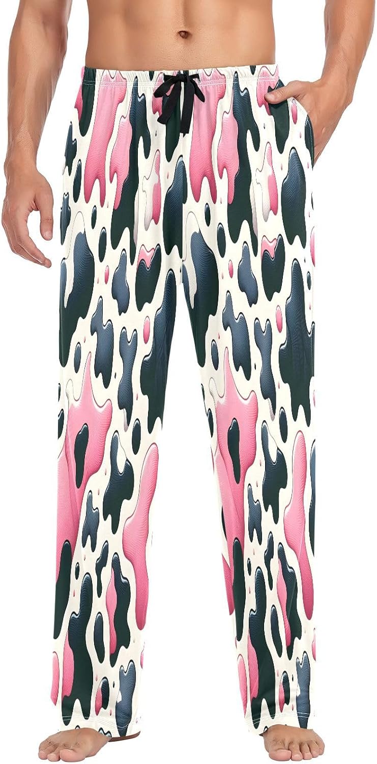 ALAZA Pink & Black Cow Prints Men's Pajama Pants Men Cotton Pajama Bottoms with Pockets, S