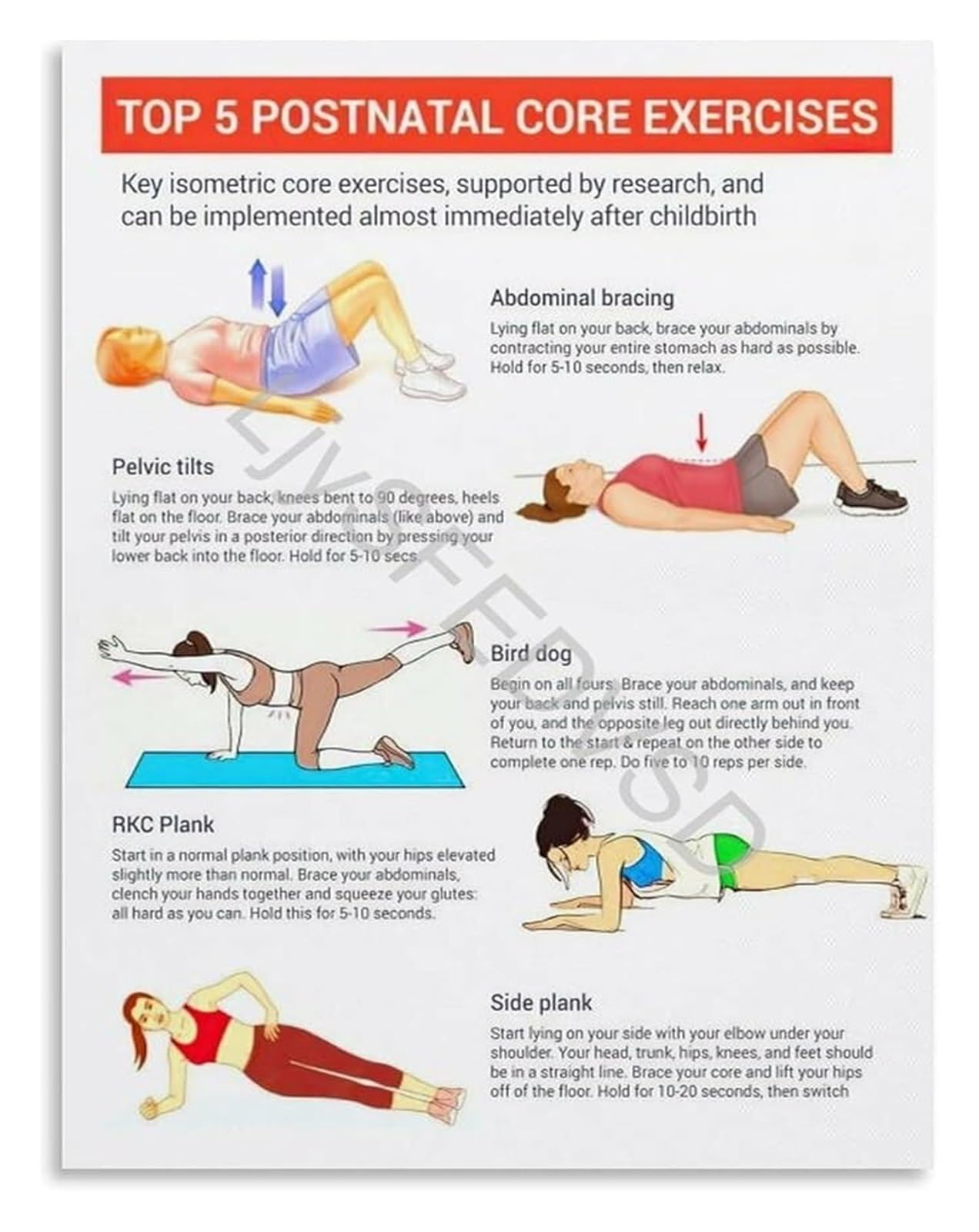 FNYUVNFAF 5 Foundational Postnatal Core Exercises Poster Safe Recovery Workout Guide for Moms After Birth Framed,12x18inch(30x45cm)
