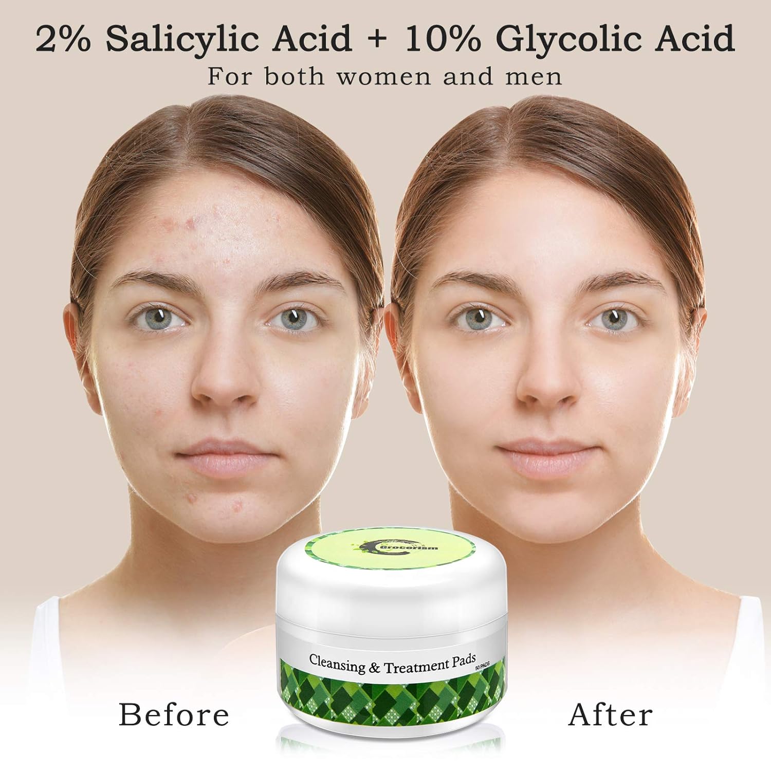 Grocerism Glycolic Acid 10% and Salicylic Acid 2%, Acne Pads and Acne Wipes, for Exfoliating, Face Clean, Oil Control and Acne Resurfacing, Suitable for Women and Men, 50 Counts : Beauty & Personal Care