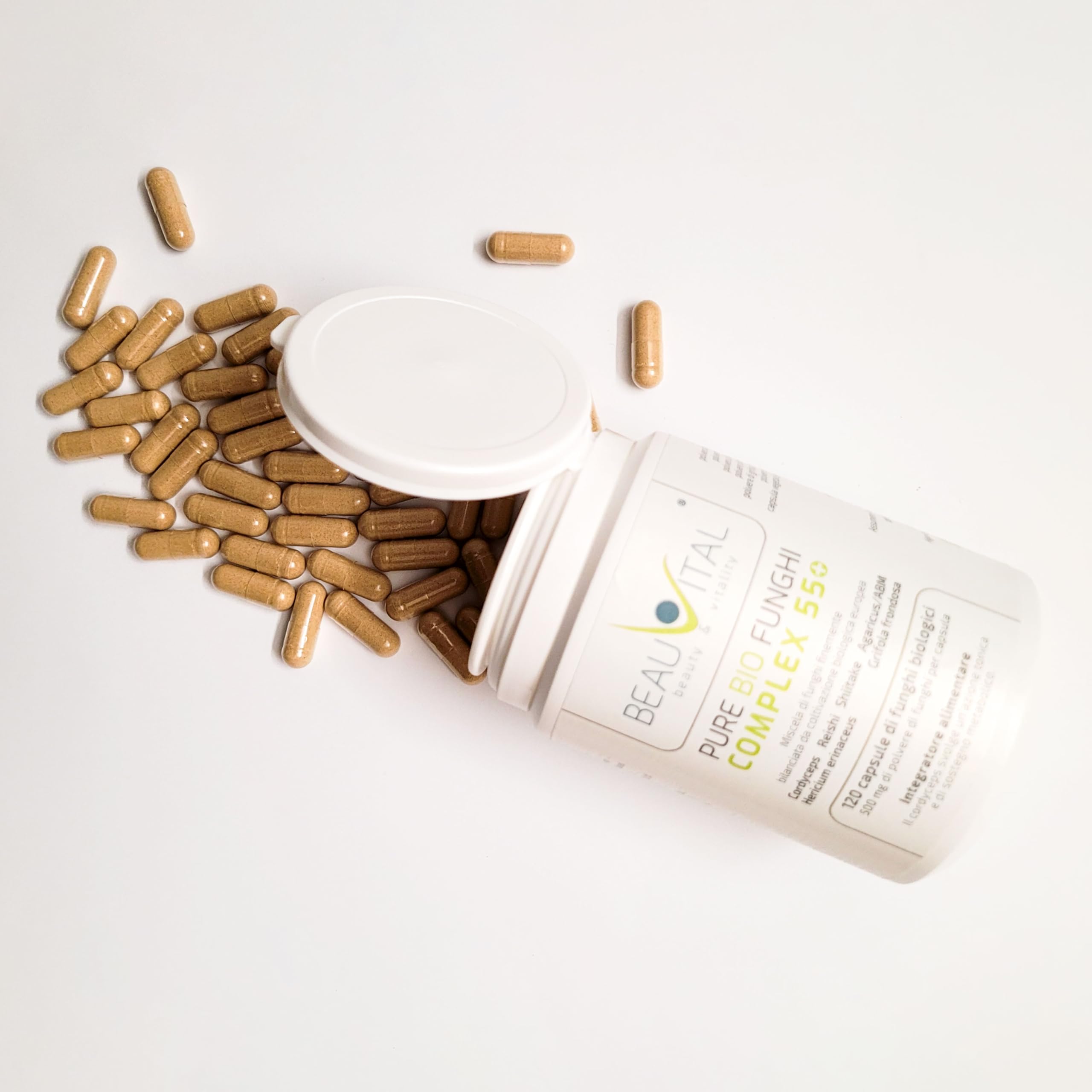 Pure Bio Mix Funghi medicinali Complex 55+ 120 capsule da 500 mg da Cordyceps Hericium Reishi Agaricus Maitake Shiitake da agricoltura biologica dell'UE, vegano