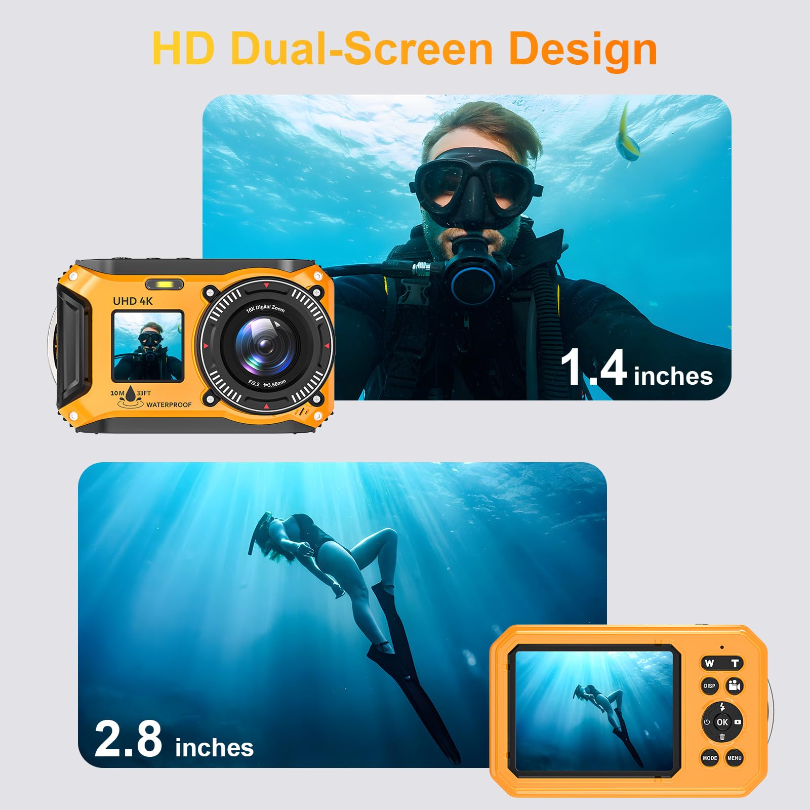 Caméra sous-marine 4K 56 MP 33FT UHD double écran étanche mise au point automatique 1500 mAh