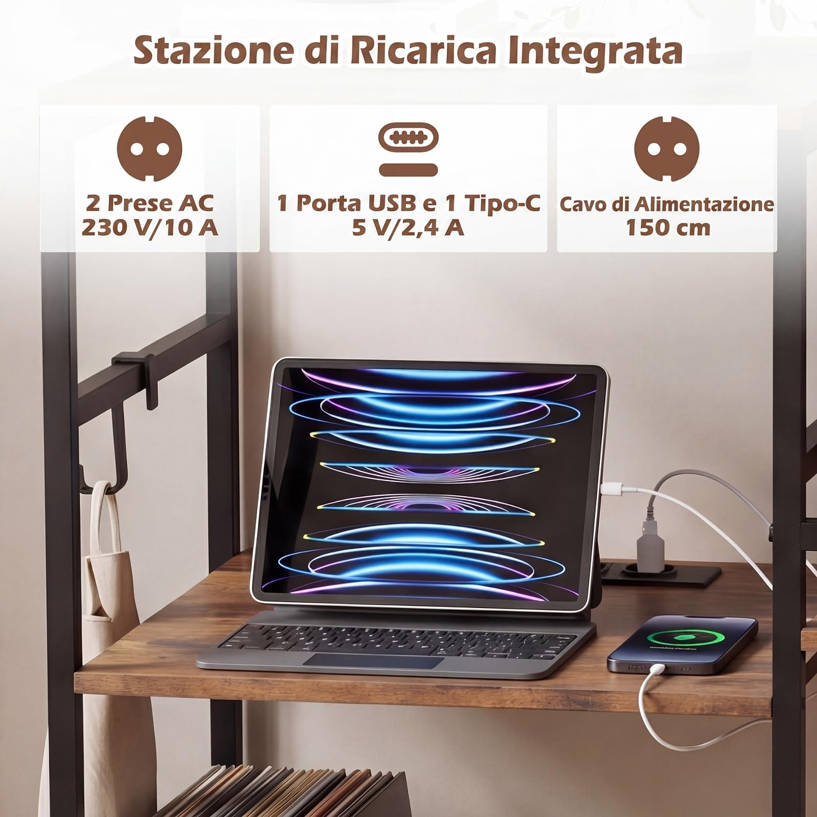 COSTWAY Mobile per Giradischi, Supporto per Vinile con Stazione di Ricarica, Mobile Porta Giradischi con 3 Ripiani, Scomparto, Ripiano Porta Vinili e 3 Ganci per Soggiorno e Studio, 78 x 30 x 78 cm