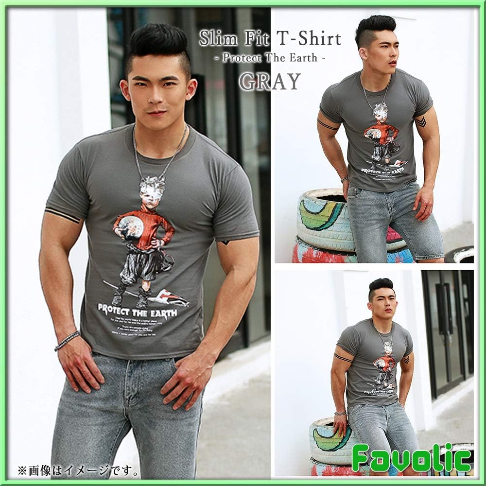 Amazon イラスト Tシャツ プロテクト アース スリムフィット 半袖 ちびt ピタt メンズ マッチョ メンズ マッチョ ラグジュアリー トレーニング 父の日 スポーツ ゴルフ Gtline Favolic ファボリック Tシャツ カットソー 通販