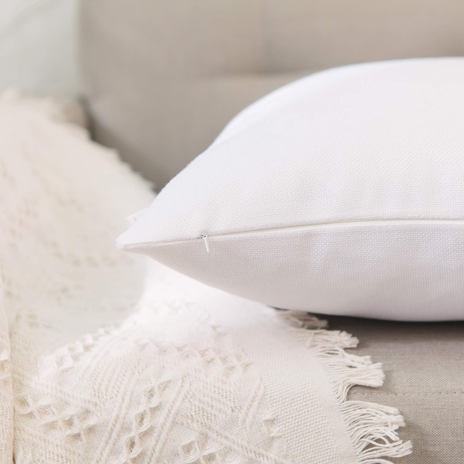 White Pillow Case Faux Linen Square Euro Decorative Big Size Throw Cushion Cover Oversize Pillowcase with Smooth Hidden Zipper for Sofa Bed 26" x 26" 2 Piece