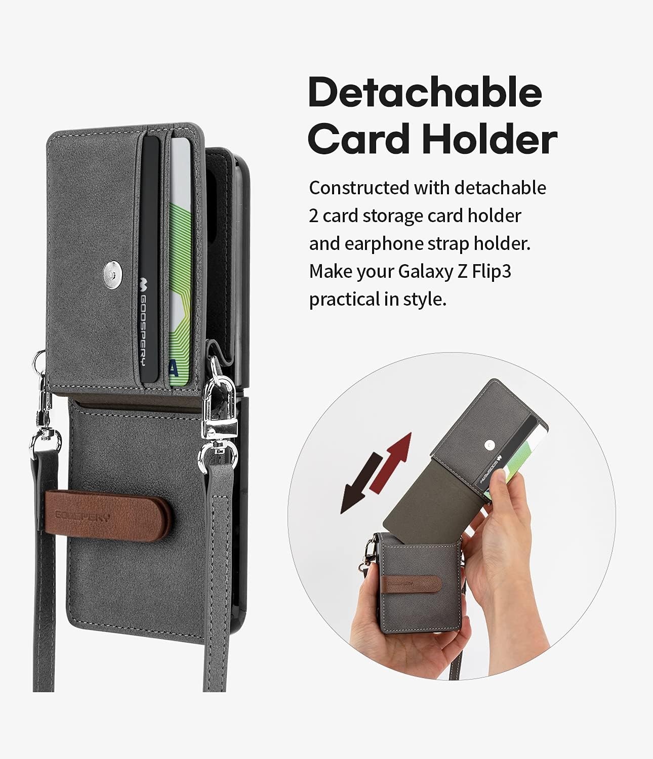 GOOSPERY Wallet Case Compatible with Galaxy Z Flip 3, Detachable Card Holder 2 Card Pocket Storage Premium PU Leather Adjustable Cross-Body Strap Attached Earbud Cord Organizer (Gray) - Image 3