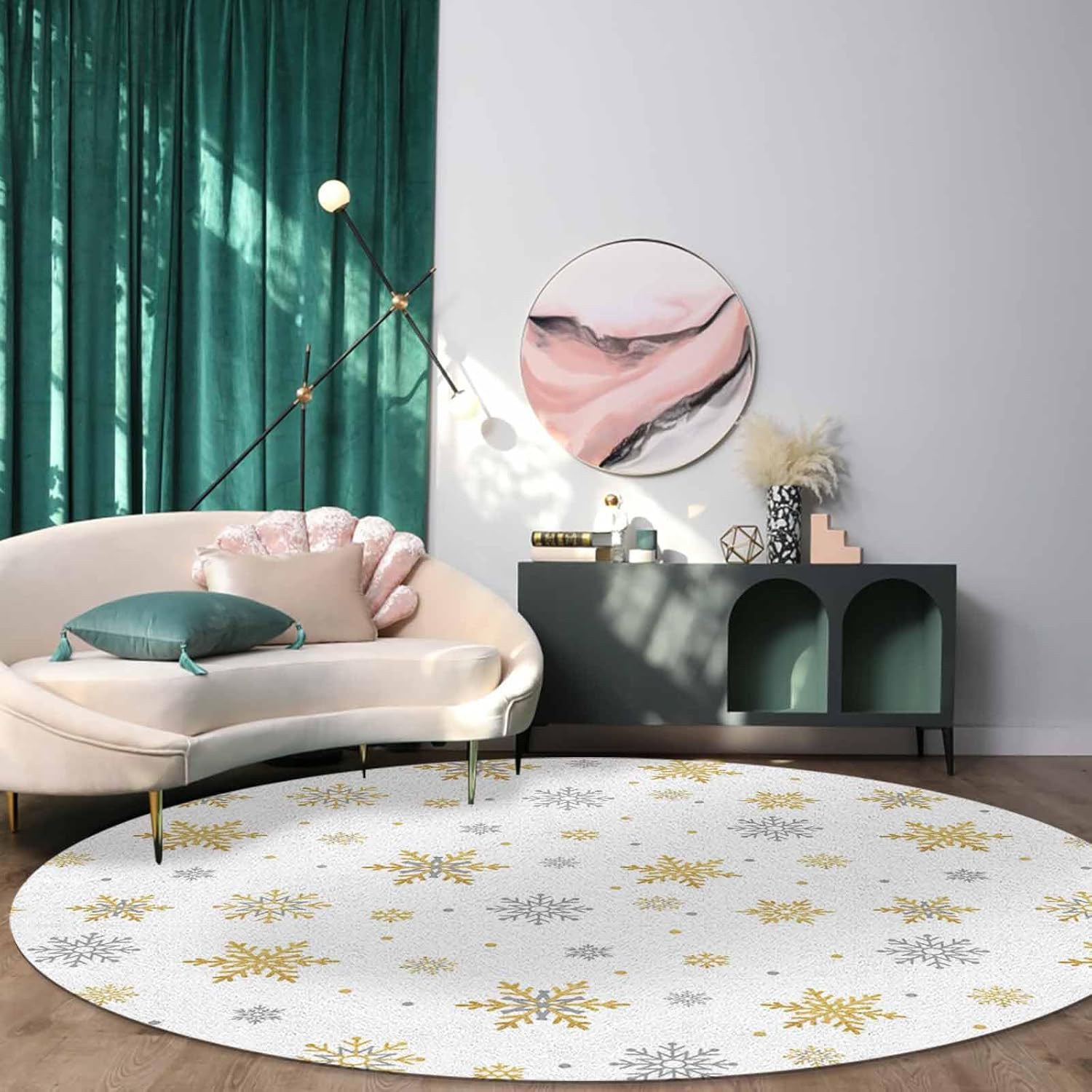 Christmas Round Area Rug 3.3ft, Winter Gold and White Snowflake White Rugs for Living Room Bedroom Entryway Home Office Machine Washable Soft Indoor Floor Carpet Low Pile Mat