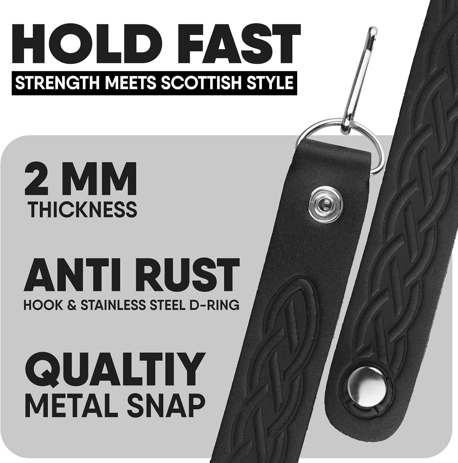 EZE Sporran Hangers Suspenders Straps- Pair Of Celtic Embossed & Plain Genuine Leather Suspenders with Metal D-Ring & Hook