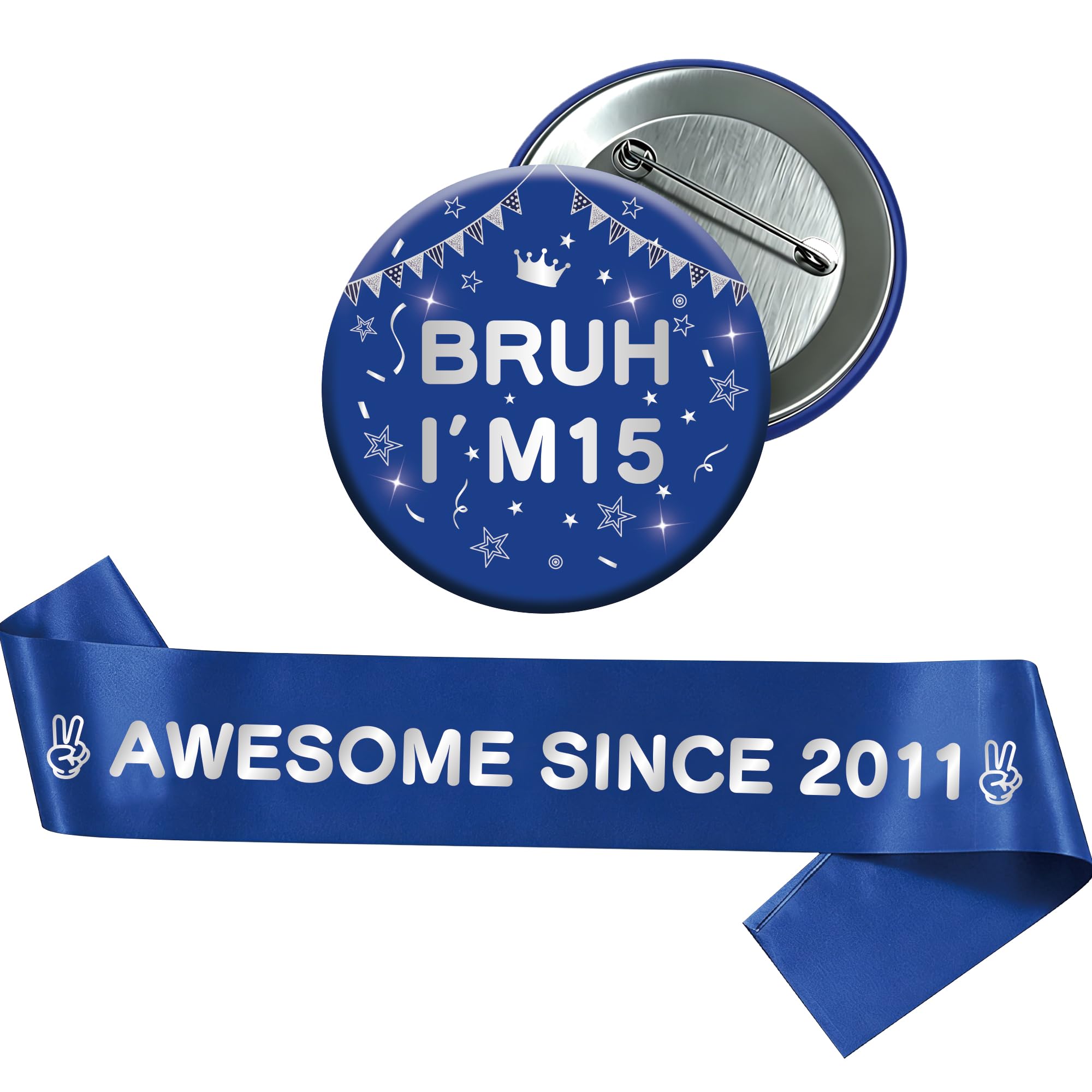 Yiiyyuuko 15th Birthday Decorations Badge Sash - Blue Silver Vintage Awesome Since 2011 Sash and Badge Accessory Gift for Boys 15 Year Old Retro Theme Happy Birthday Party Supplies