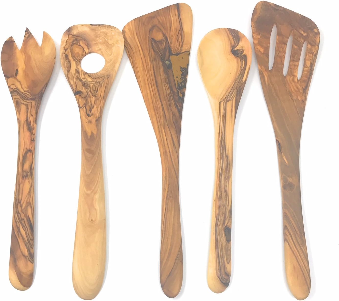 AramediA Wooden Cooking Utensil Olive Wood 5 Piece Set of Spatulas - Spoon, Fork, and Stirrers - Handmade and Hand Carved By Bethlehem Artisans - Approximately 12 inches