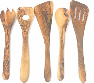 AramediA Wooden Cooking Utensil Olive Wood 5 Piece Set of Spatulas - Spoon, Fork, and Stirrers - Handmade and Hand Carved By Bethlehem Artisans - Approximately 12 inches