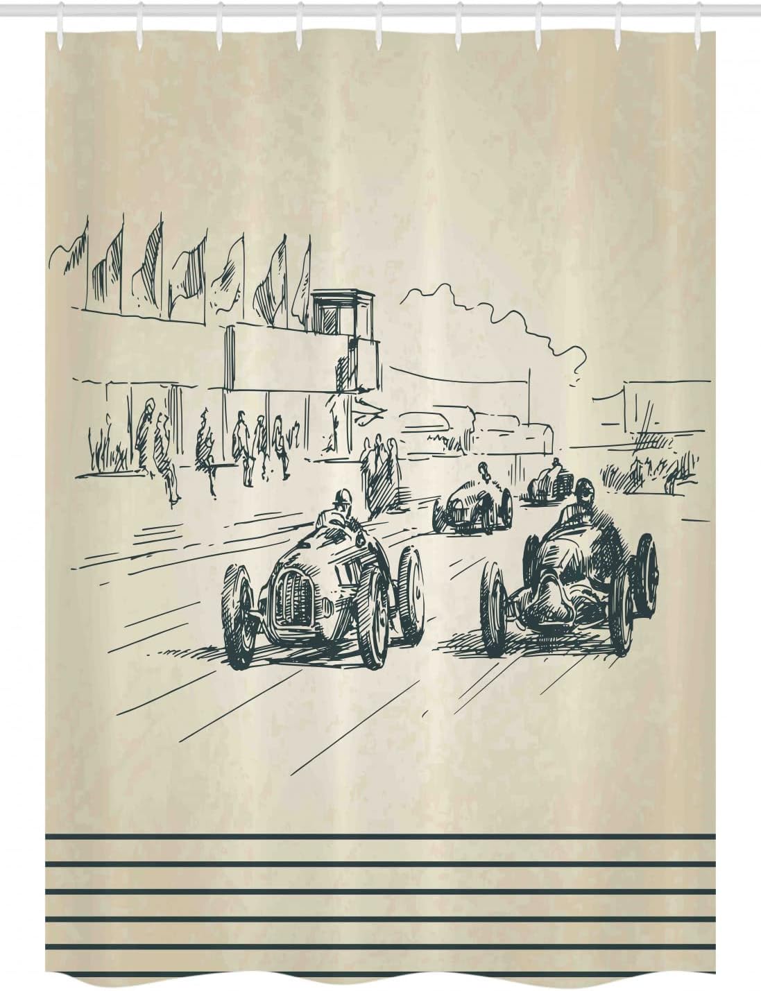 Ambesonne Vintage Car Stall Shower Curtain, Vintage Racing Cars Sport Nostalgic Sketchy Doodle Style, Fabric Bathroom Decor Set with Hooks, 54" W x 78" L, Beige Forest Green