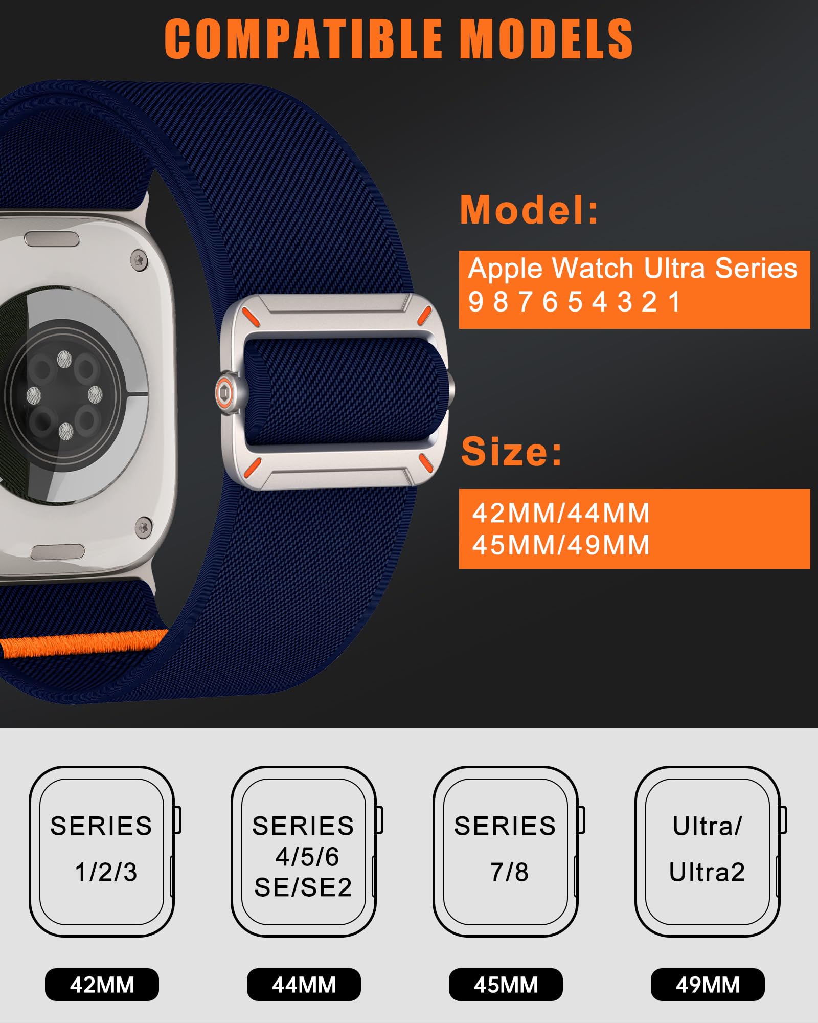 Higgs Nylon Cinturini Compatibile con Cinturino Apple Watch 44mm 45mm 42mm Ultra/Ultra 2 49mm Uomo Donna, Cinturino Regolabile Nylon Elastico Sport Cinturino per iWatch Series 9 SE/2 8 7 6 5 4 3 2 1