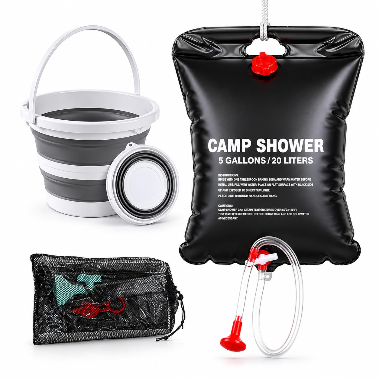 Tragbare Camping-Duschtasche mit faltbarem Wassereimer, 20 l, Outdoor-Campingdusche, wasserdichte Duschtasche mit Schlauch und An-/Aus-Schalter, ideal für Wandern, Rucksackreisen und Strandausflüge