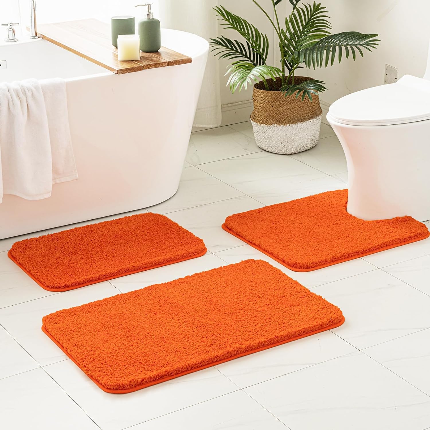 MIULEE Orange Bathroom Rugs Sets 3 Piece Including U Shaped Toilet Rug - Soft Absorbent Bath Mats Set with Non Slip Rubber Backside, Machine Washable
