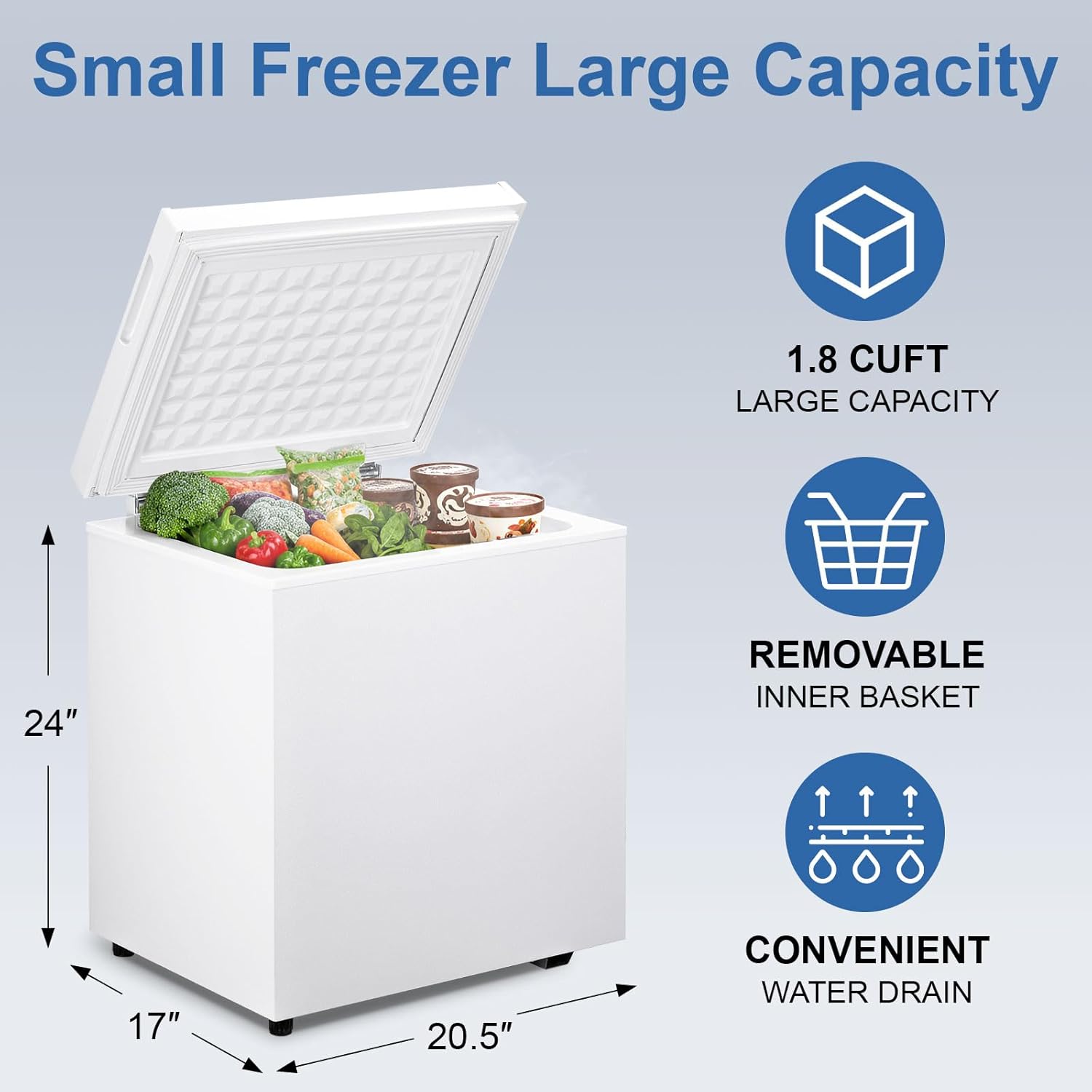 1.8 Cu.Ft Chest Freezer with 7 Temperature Settings, Quiet Compact Deep Freezer with Removable Basket, Mini Freestanding Freezer for Apartment, Kitchen, RV, Office, Restaurant