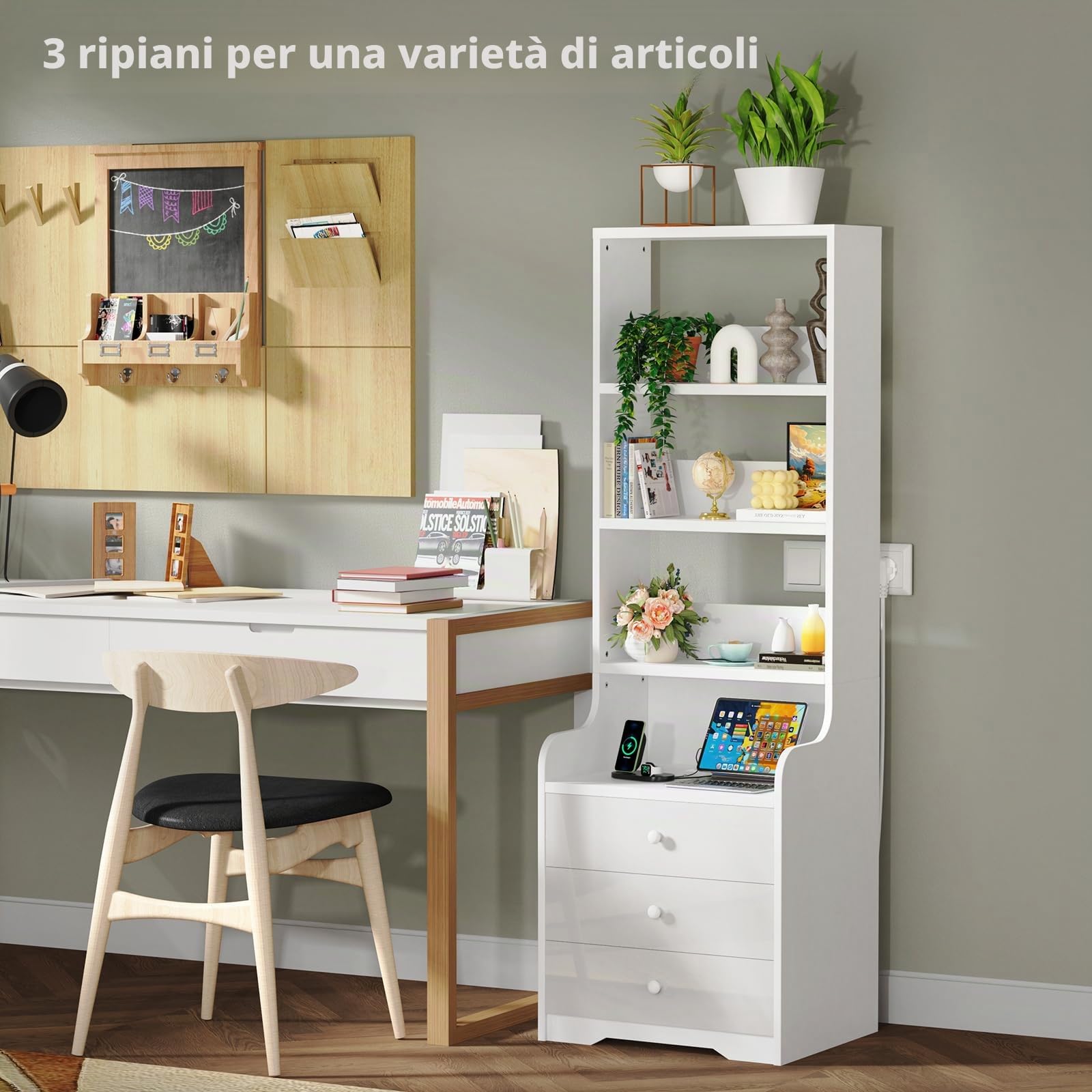Comodino Camera da Letto Moderno Con Stazione di Ricarica, Comodini Camera da Letto con 3 Scomparti a 3 Cassetti, Grande Tavolino da Letto Tavolo da Divano Soggiorno 40x50x176cm Cassettiera Bianco