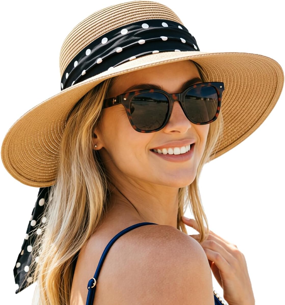 DRESHOW Sun Hats for Women Travel Fedora Foldable Beach Sun Hat Summer Wide Brim Straw Bucket Hat with Bowknot UPF 50+
